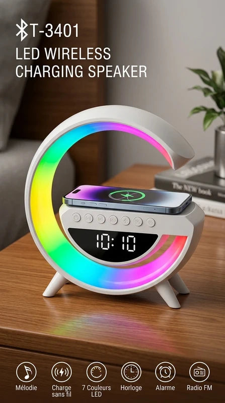 Enceinte Bluetooth LED avec Chargeur Sans Fil & Réveil Numérique – BT-3401