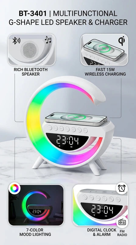 Enceinte Bluetooth LED avec Chargeur Sans Fil & Réveil Numérique – BT-3401