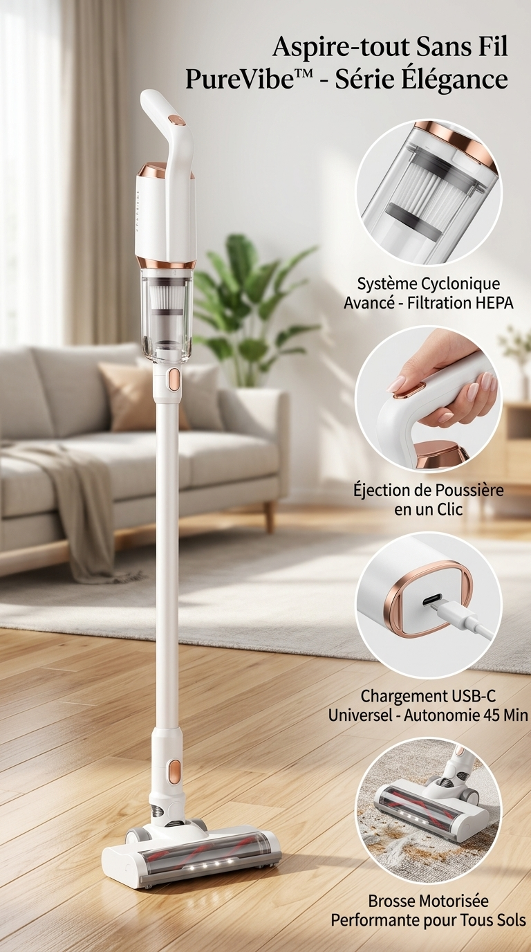 Aspirateur Sans Fil 2-en-1 – Batterie Lithium Longue Autonomie