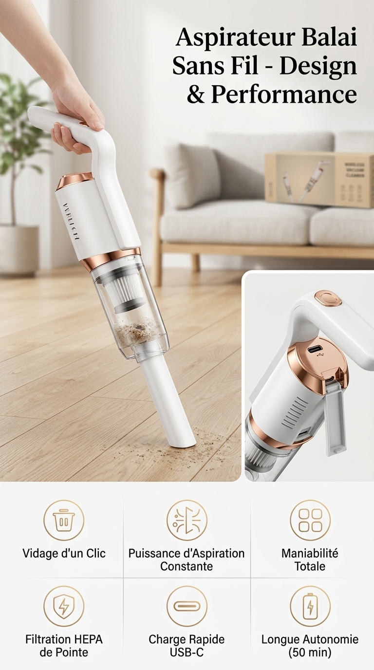 Aspirateur Sans Fil 2-en-1 – Batterie Lithium Longue Autonomie
