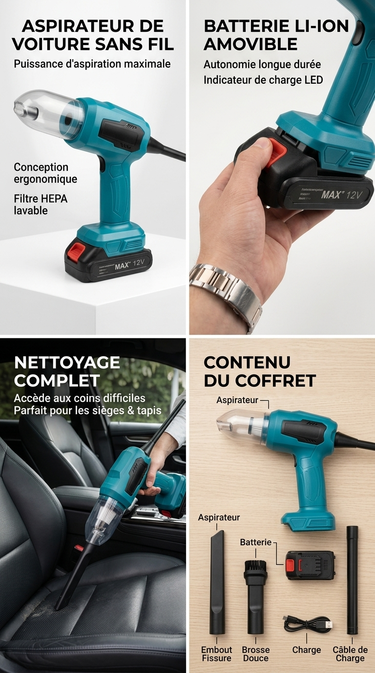 Aspirateur de Voiture Sans Fil 12V – Puissant, Compact & Portable