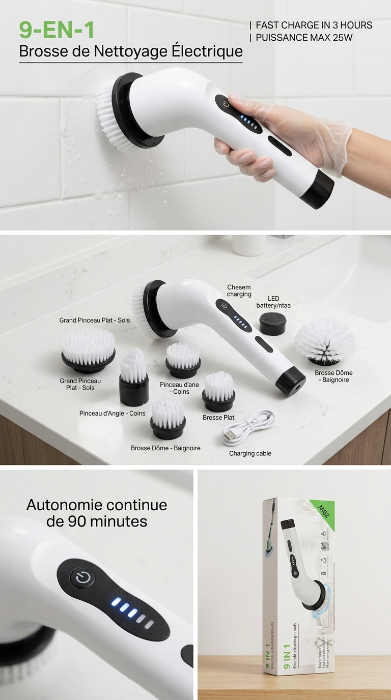 Brosse de Nettoyage Électrique 9-en-1 – Puissance Max 25W, 90 Min d’Autonomie