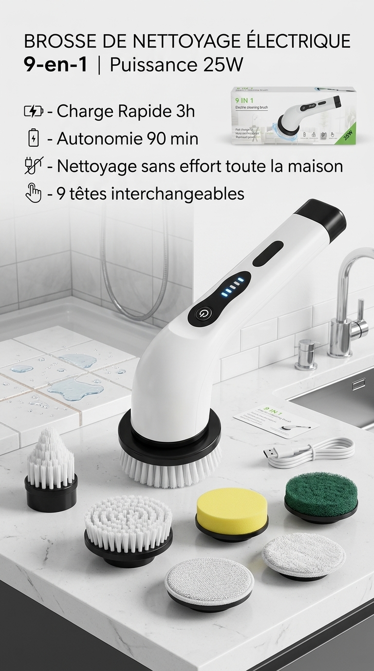 Brosse de Nettoyage Électrique 9-en-1 – Puissance Max 25W, 90 Min d’Autonomie