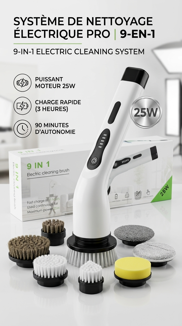 Brosse de Nettoyage Électrique 9-en-1 – Puissance Max 25W, 90 Min d’Autonomie