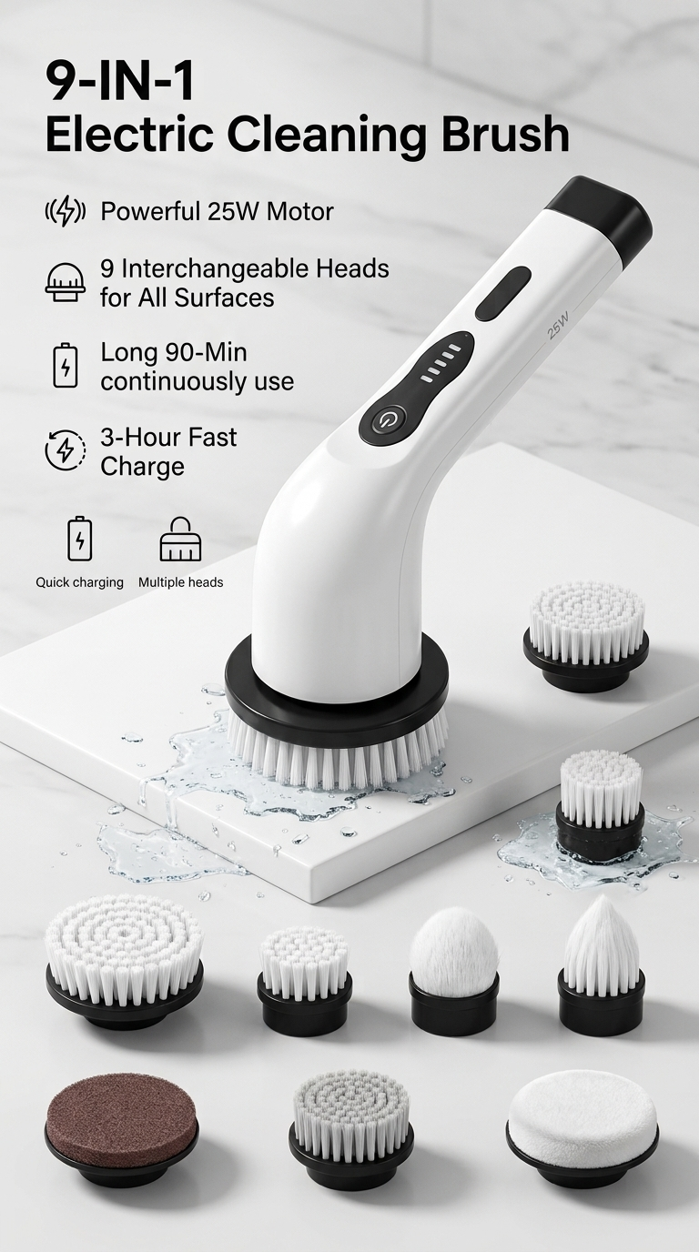 Brosse de Nettoyage Électrique 9-en-1 – Puissance Max 25W, 90 Min d’Autonomie