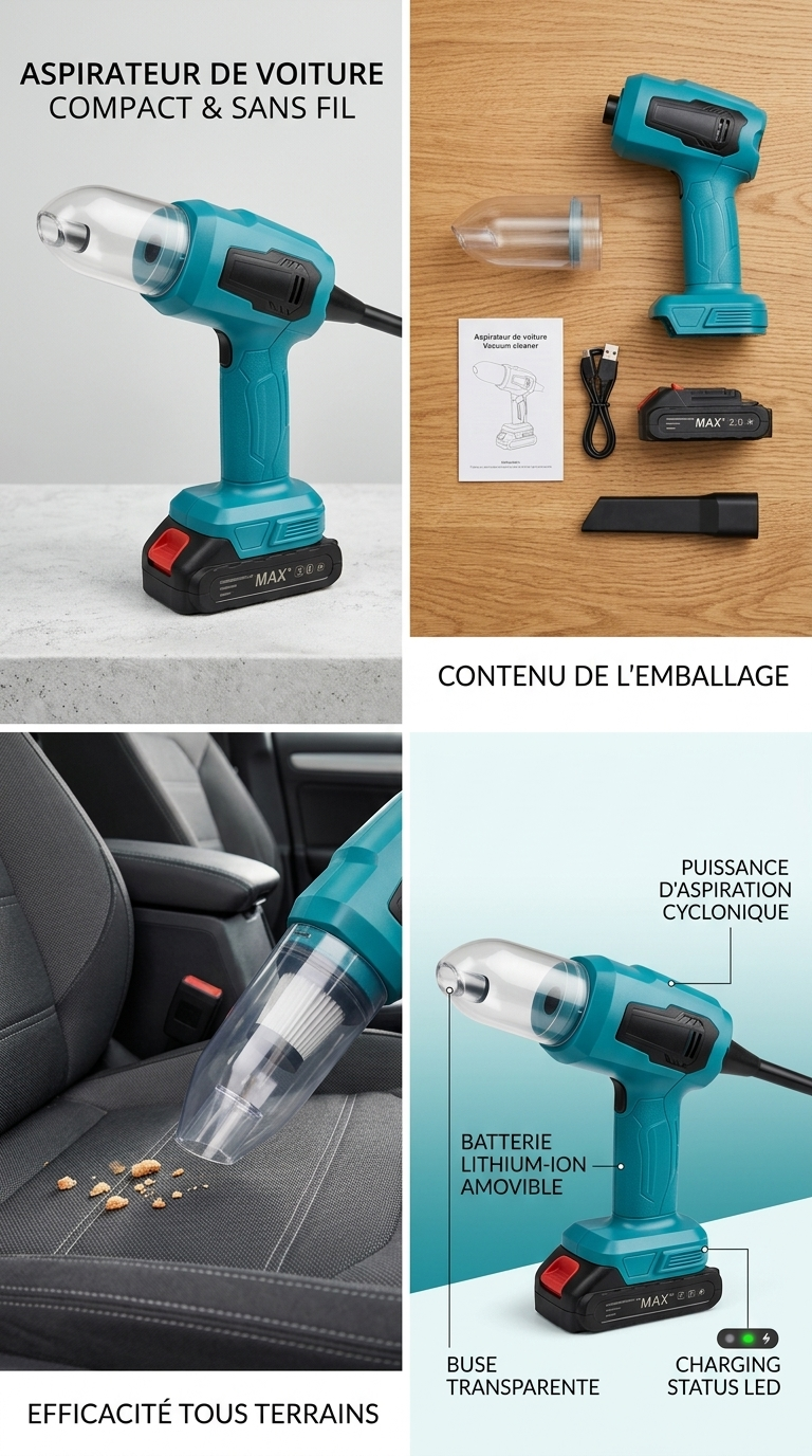 Aspirateur de Voiture Sans Fil 12V – Puissant, Compact & Portable
