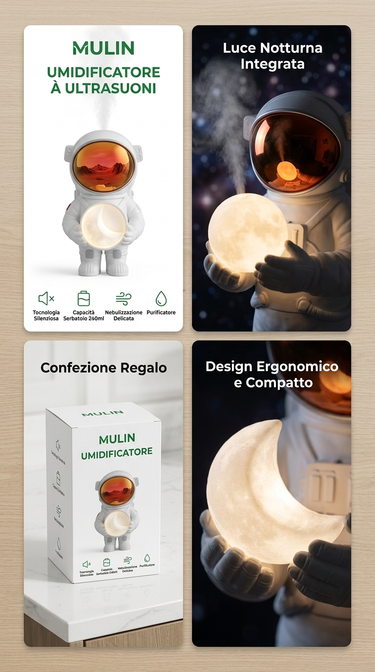 MULIN® Humidificateur Astronaute à Ultrasons – Brume Fine, Veilleuse & Projection Galaxie, Silencieux