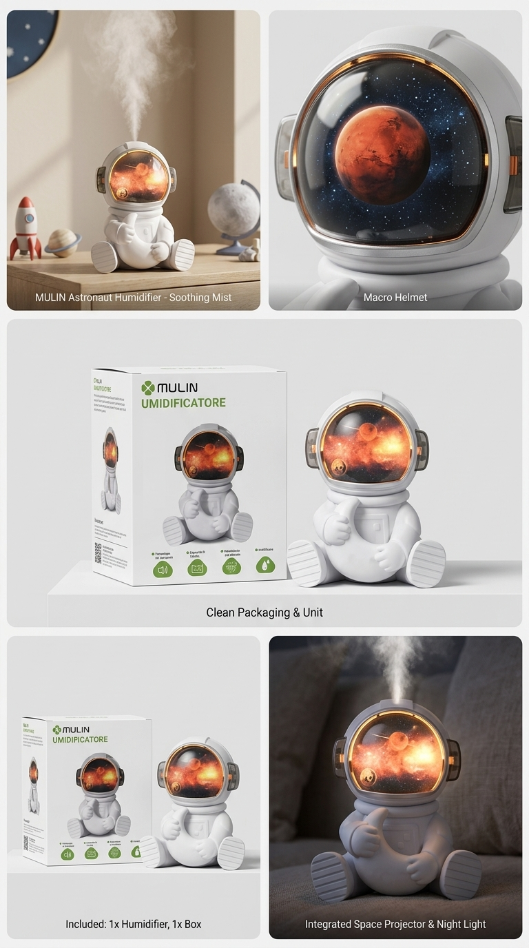 MULIN® Humidificateur Astronaute à Ultrasons – Brume Fine, Veilleuse & Projection Galaxie, Silencieux