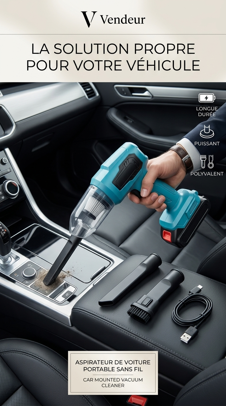 Aspirateur de Voiture Sans Fil 12V – Puissant, Compact & Portable