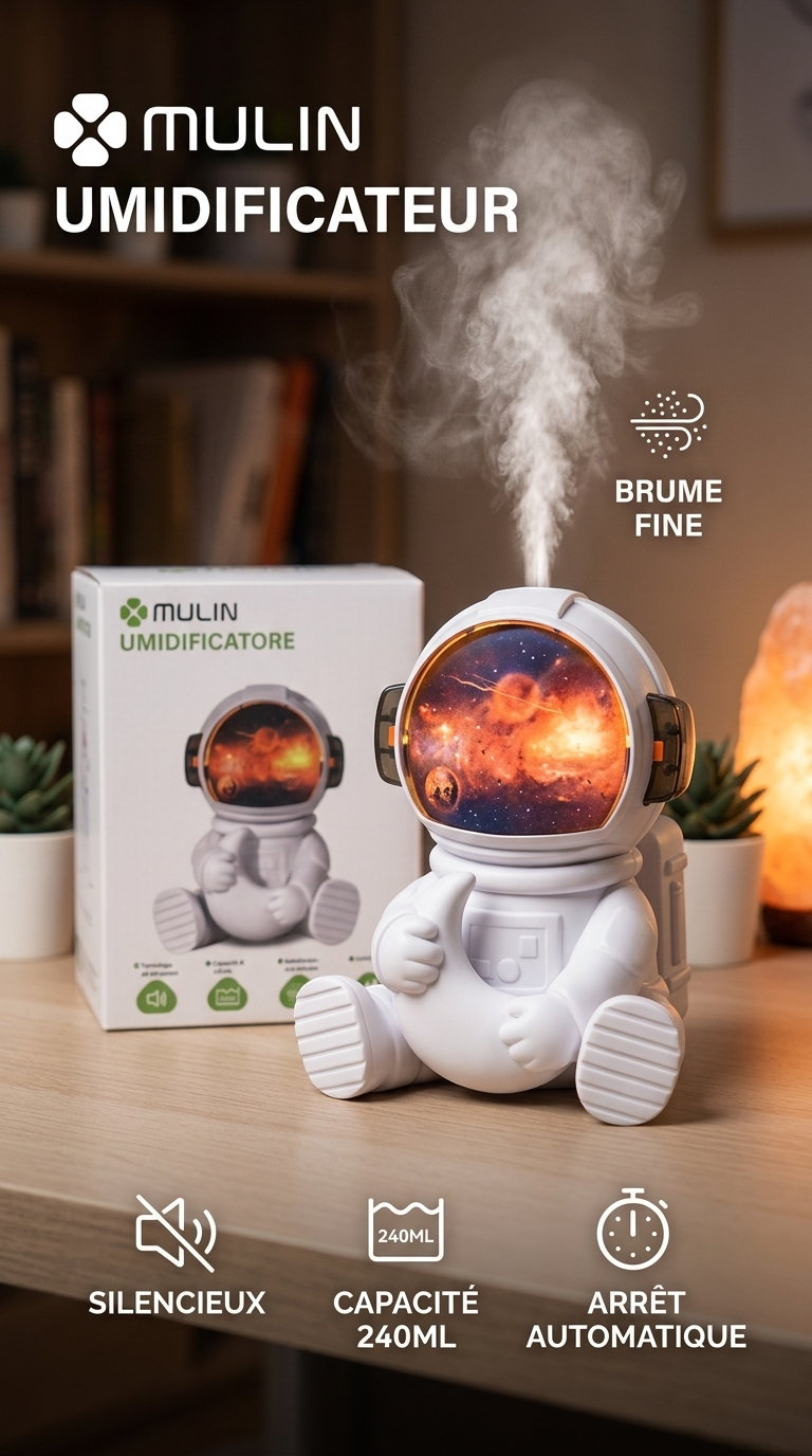 MULIN® Humidificateur Astronaute à Ultrasons – Brume Fine, Veilleuse & Projection Galaxie, Silencieux