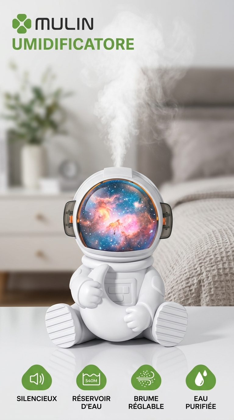 MULIN® Humidificateur Astronaute à Ultrasons – Brume Fine, Veilleuse & Projection Galaxie, Silencieux