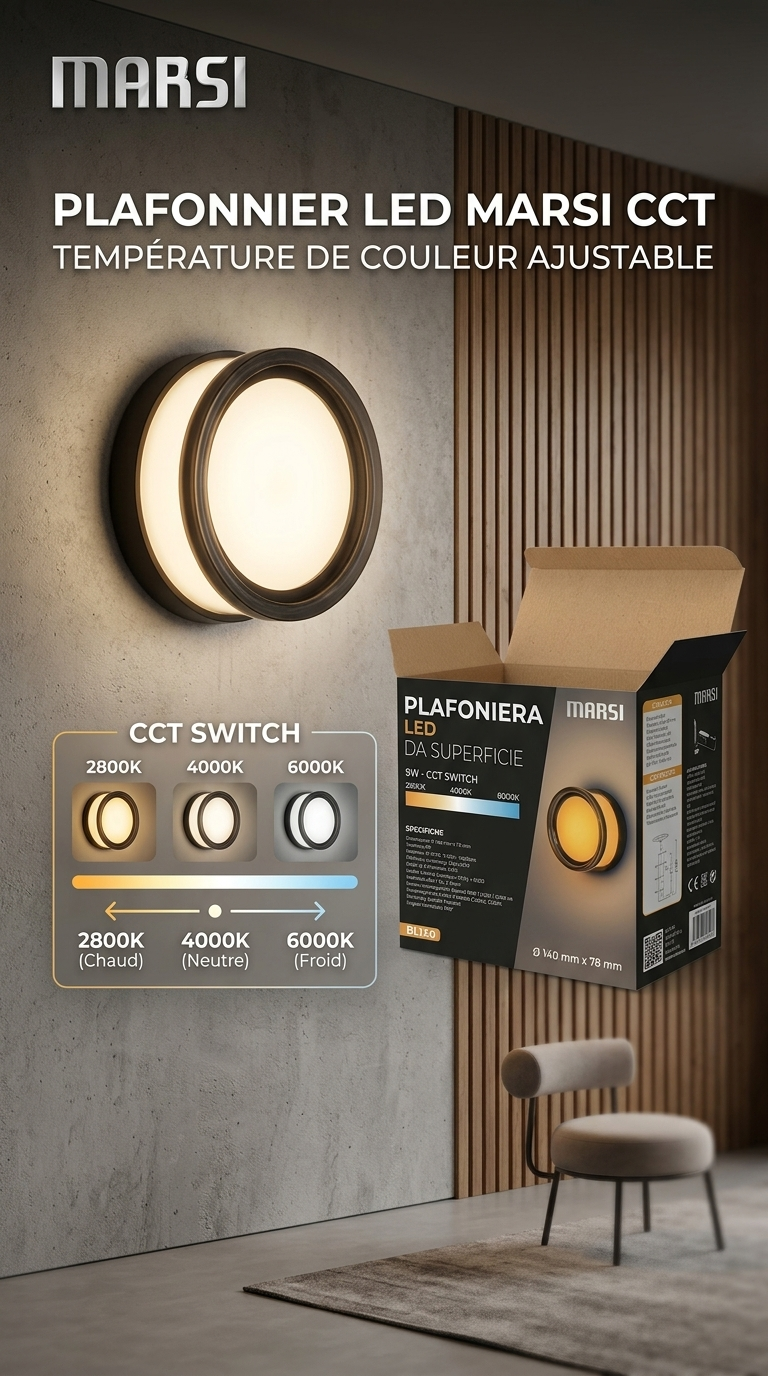 Plafonnier LED Marsi BL140 9W – CCT Réglable 3000K/4500K/6000K – Finition Bronze – Ø140 mm