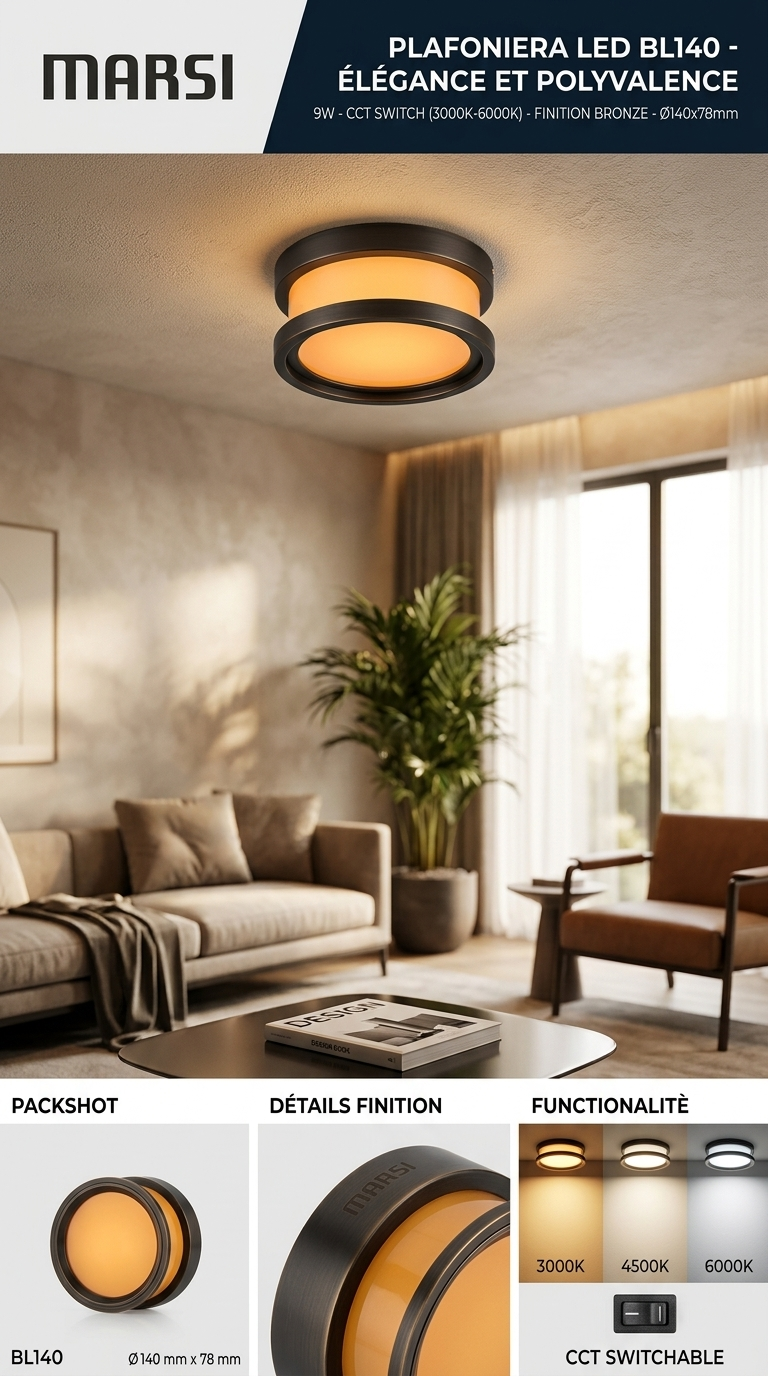 Plafonnier LED Marsi BL140 9W – CCT Réglable 3000K/4500K/6000K – Finition Bronze – Ø140 mm