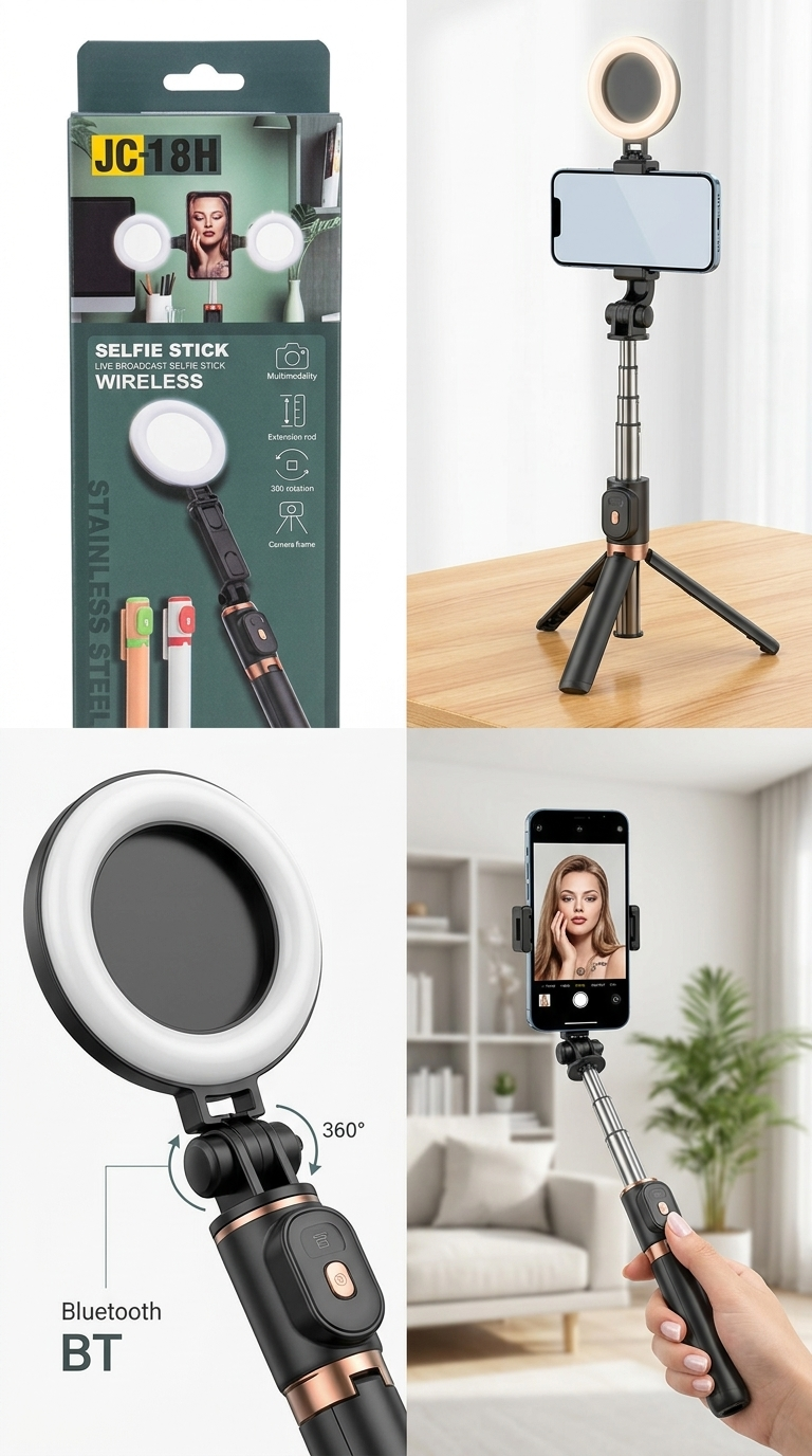 Bâton Selfie Sans Fil JC-18H avec Ring Light LED, Trépied & Télécommande Bluetooth – Rotation 360°