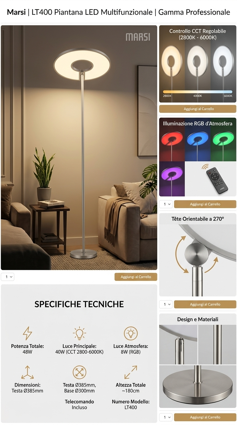 Lampe sur Pied LED Design Marsi LT400 – 48W, CCT 2800-6000K, Éclairage RGB, Tête Orientable 270° avec Télécommande