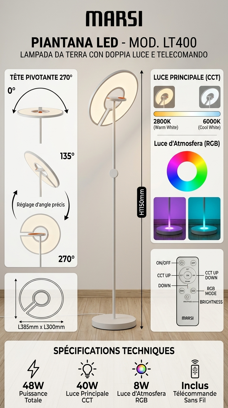Lampe sur Pied LED Design Marsi LT400 – 48W, CCT 2800-6000K, Éclairage RGB, Tête Orientable 270° avec Télécommande