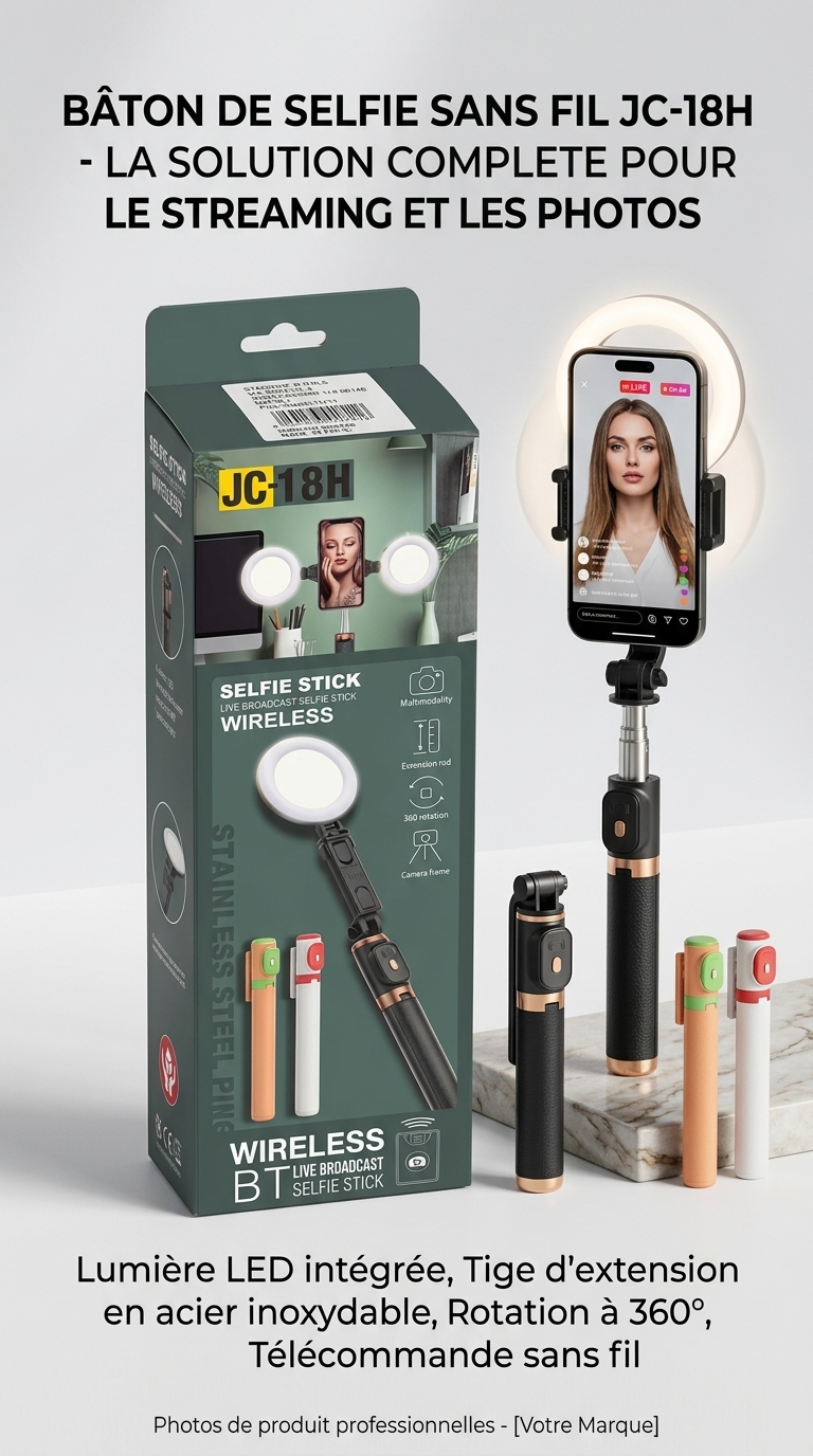 Bâton Selfie Sans Fil JC-18H avec Ring Light LED, Trépied & Télécommande Bluetooth – Rotation 360°