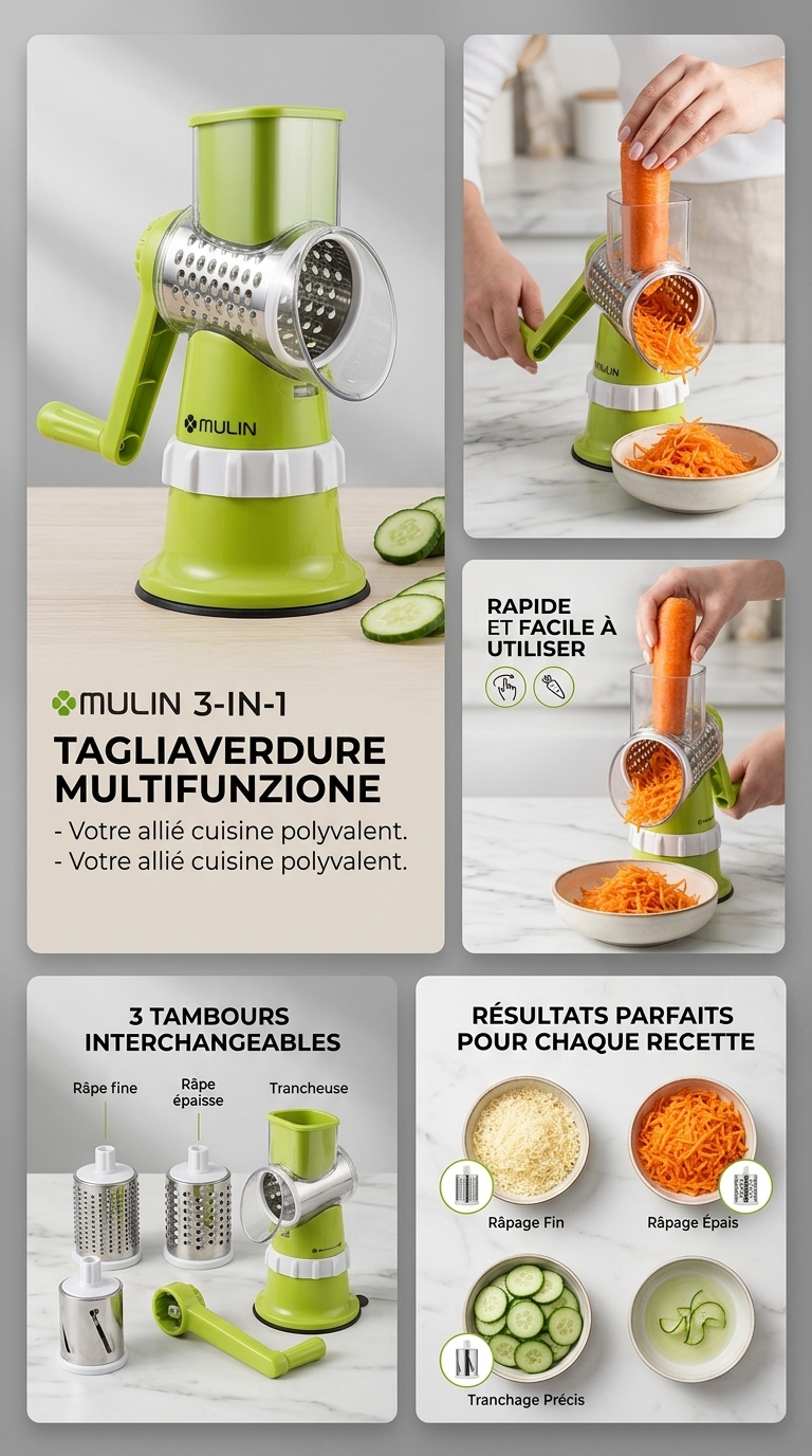 Moulin à Légumes Manuel 3-en-1 – Râpe, Émince & Tranche en Quelques Secondes