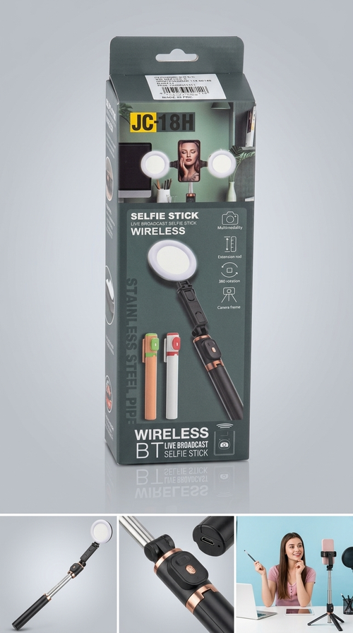 Bâton Selfie Sans Fil JC-18H avec Ring Light LED, Trépied & Télécommande Bluetooth – Rotation 360°