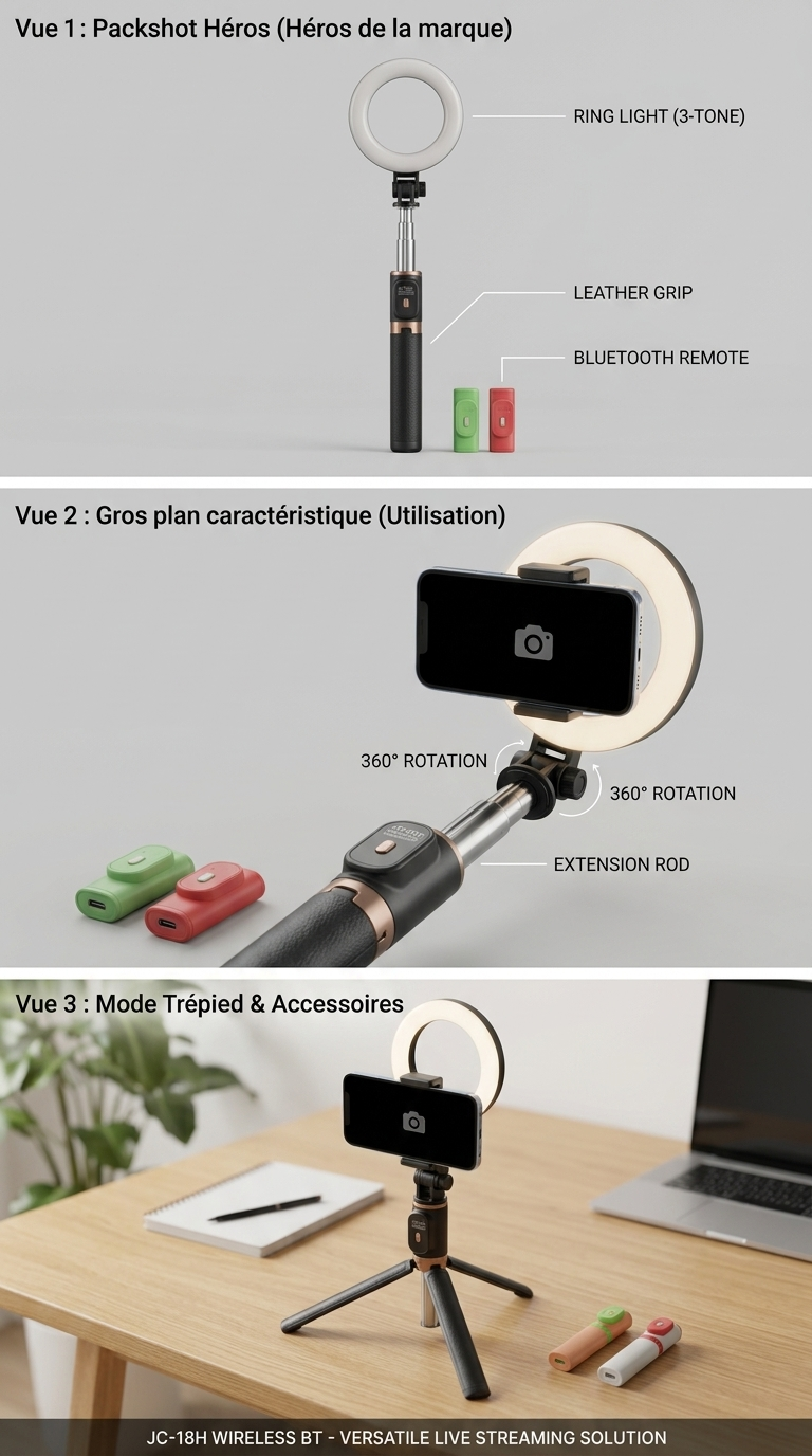 Bâton Selfie Sans Fil JC-18H avec Ring Light LED, Trépied & Télécommande Bluetooth – Rotation 360°