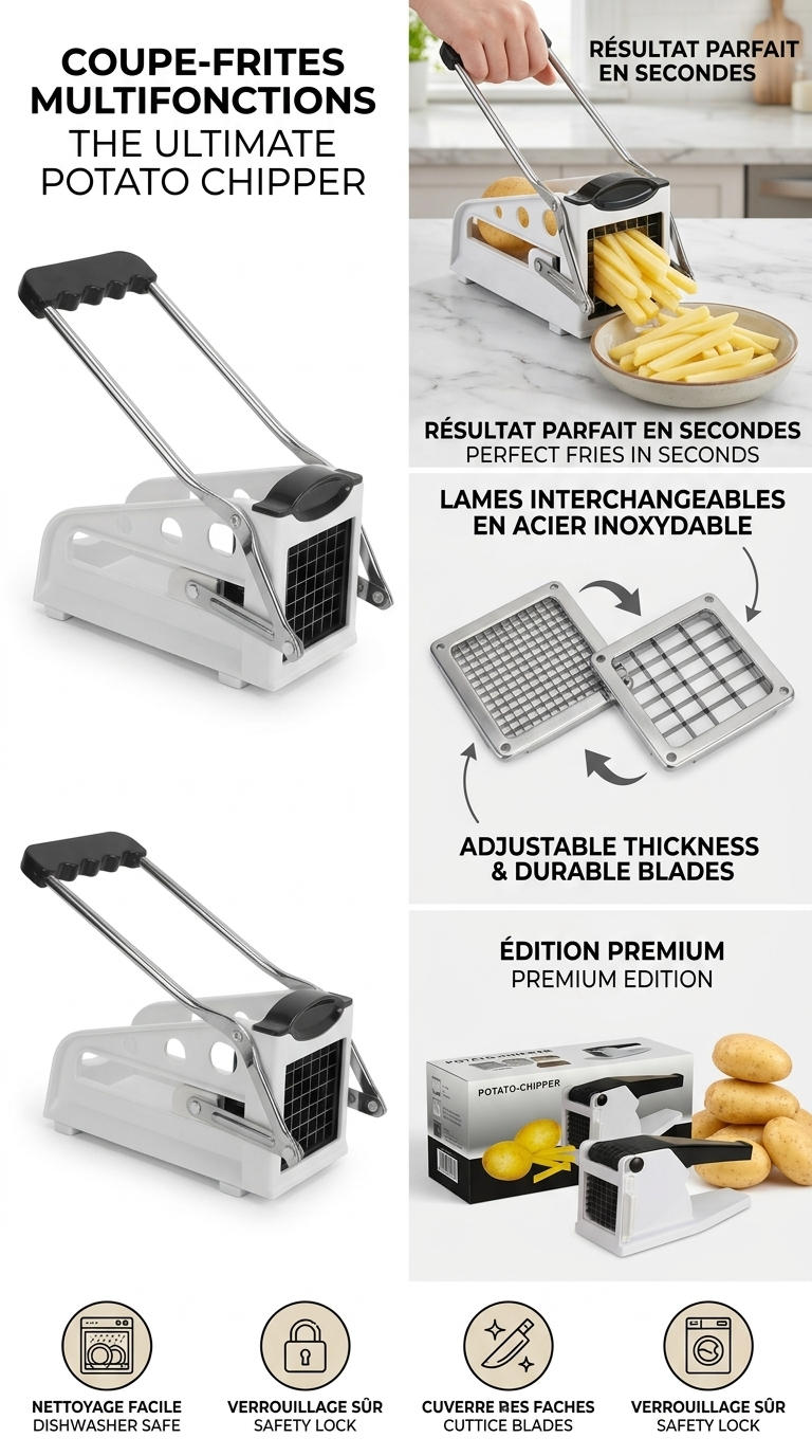 Coupe-Frites Professionnel Multifonction – Frites Parfaites en Quelques Secondes