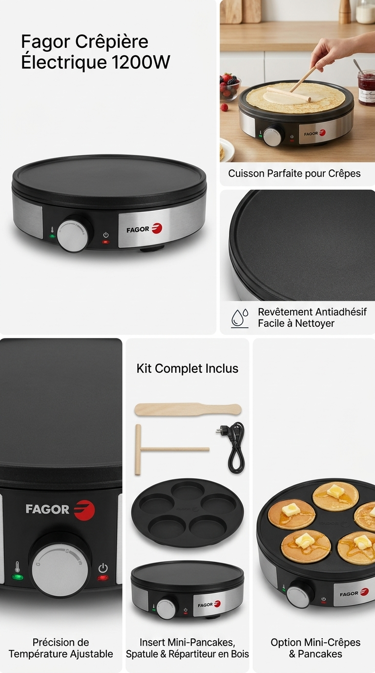 Crêpière Électrique Fagor 1200W – 30 cm avec Plaque Mini-Crêpes et Kit Complet