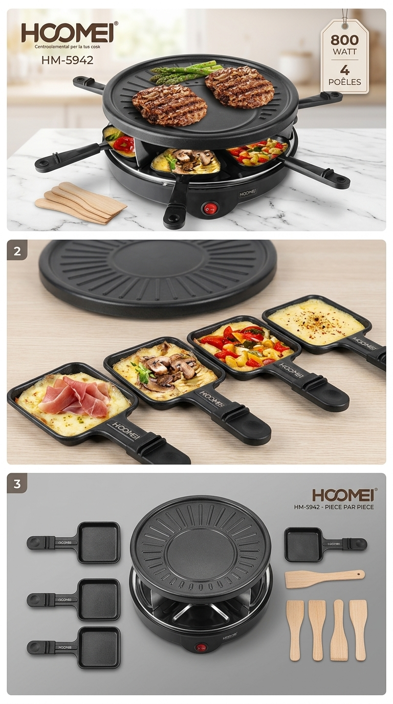 Piastre à Raclette HOMEEI HM-5942 – 800W, 4 Poêlons