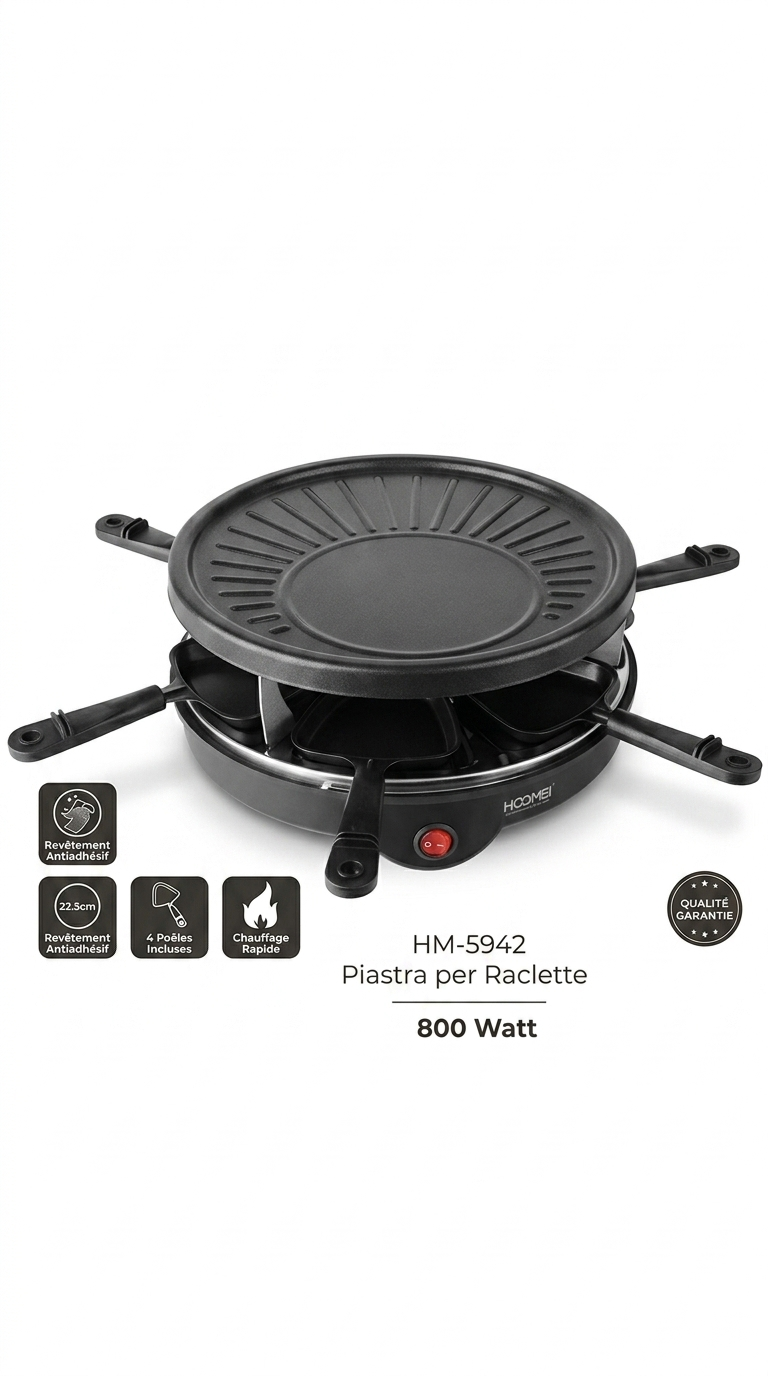 Piastre à Raclette HOMEEI HM-5942 – 800W, 4 Poêlons