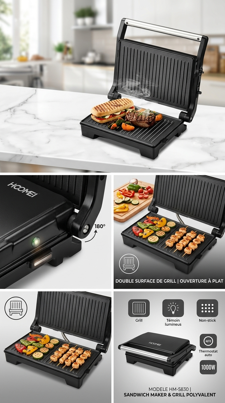 Gril & Sandwich Maker HOOMEI HM-5830 – 1000W, Ouverture 180°, Plaques Grill Antiadhésives