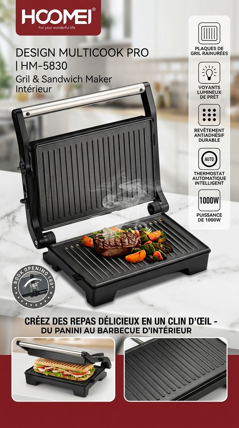 Gril & Sandwich Maker HOOMEI HM-5830 – 1000W, Ouverture 180°, Plaques Grill Antiadhésives