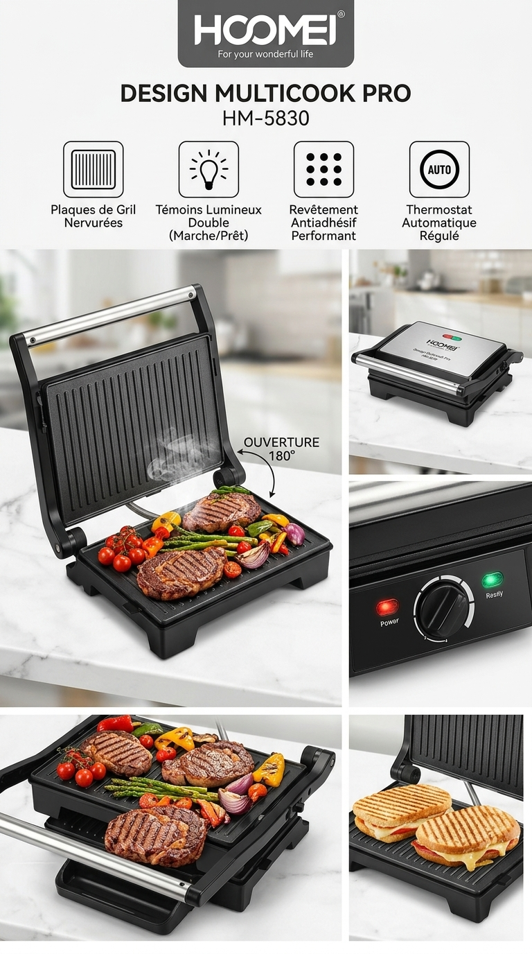 Gril & Sandwich Maker HOOMEI HM-5830 – 1000W, Ouverture 180°, Plaques Grill Antiadhésives