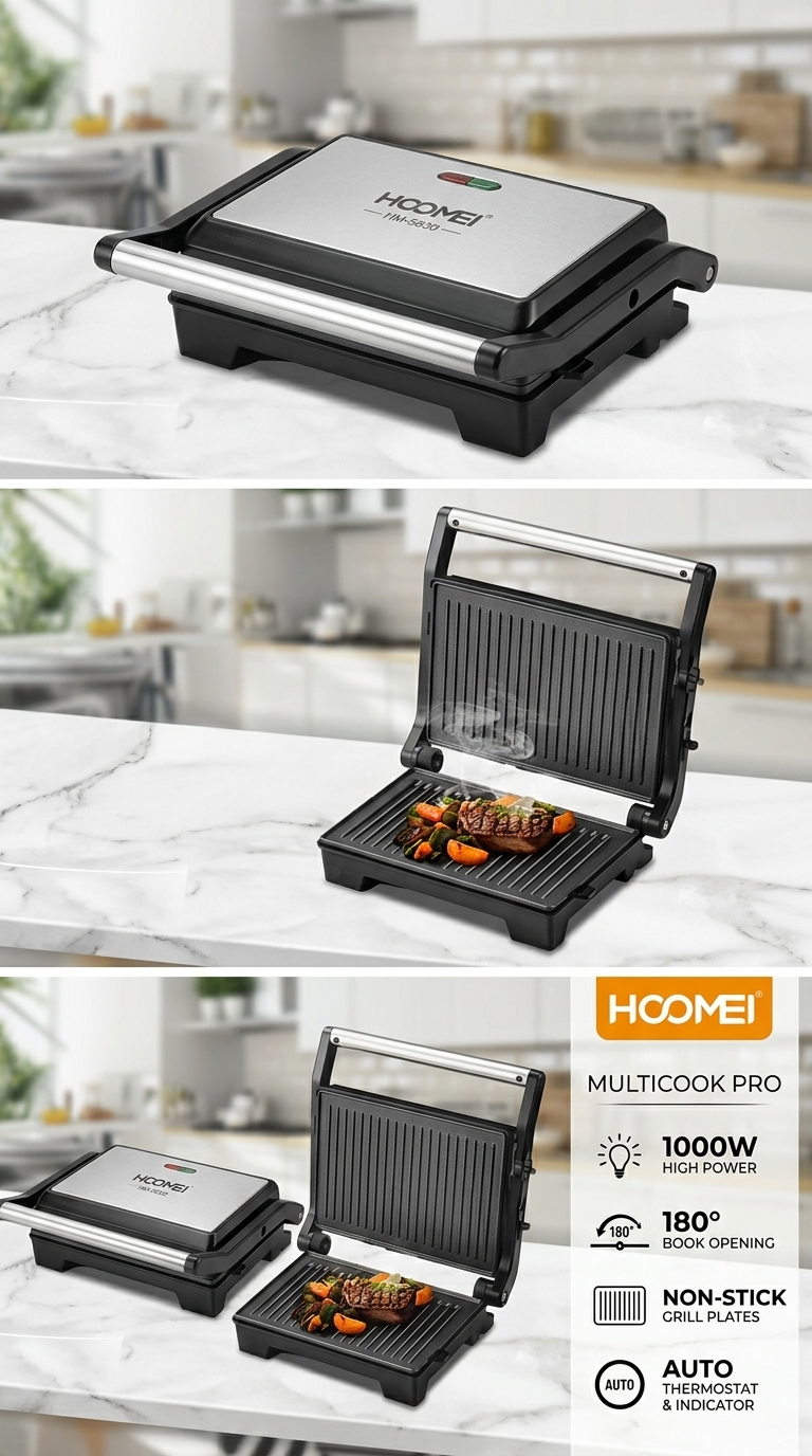 Gril & Sandwich Maker HOOMEI HM-5830 – 1000W, Ouverture 180°, Plaques Grill Antiadhésives