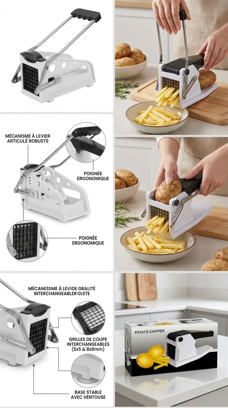 Coupe-Frites Professionnel Multifonction – Frites Parfaites en Quelques Secondes