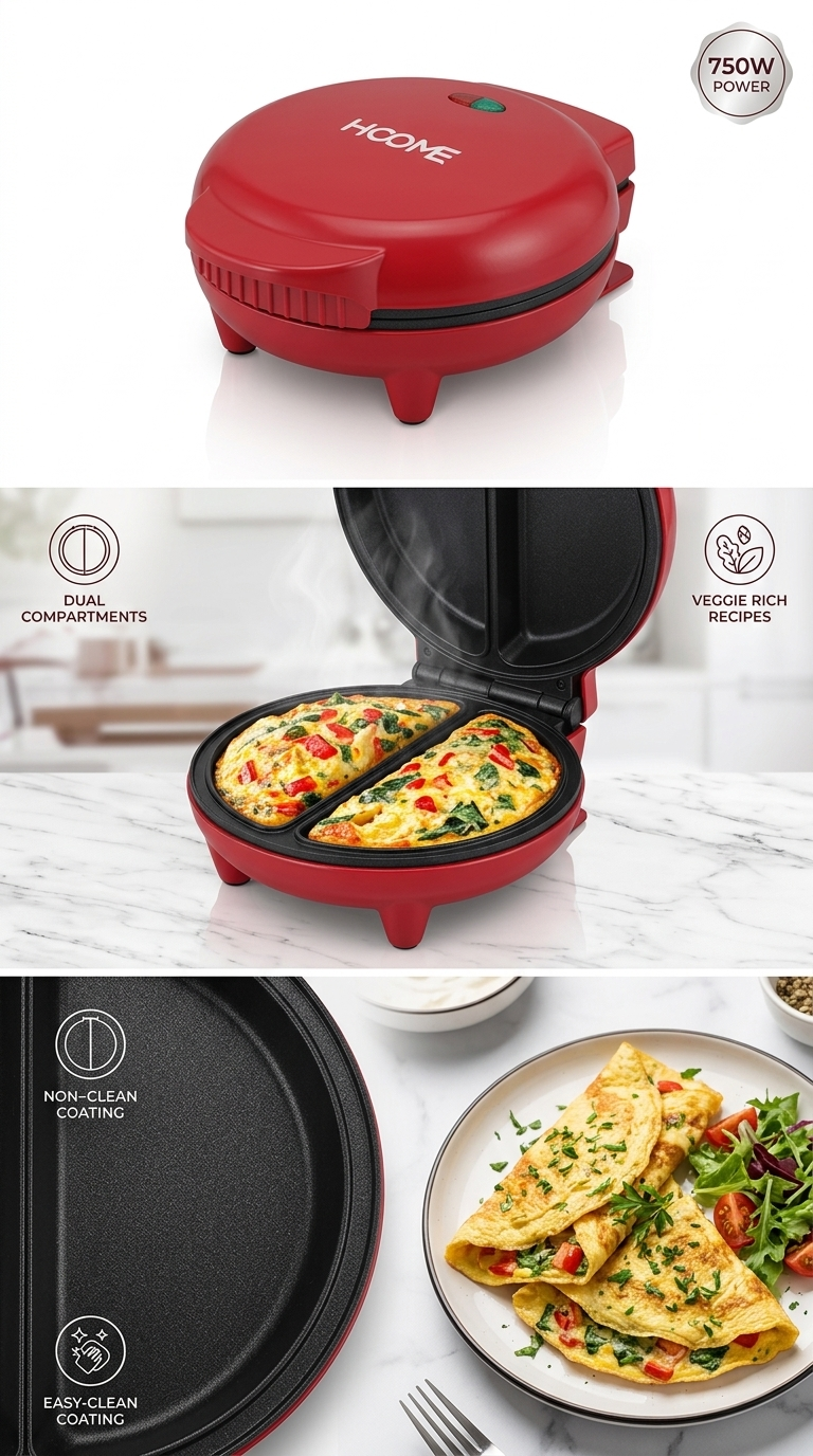 Machine à Omelette HOOME HM-5848 – 750W, 2 Compartiments, Revêtement Antiadhésif & Thermostat Automatique