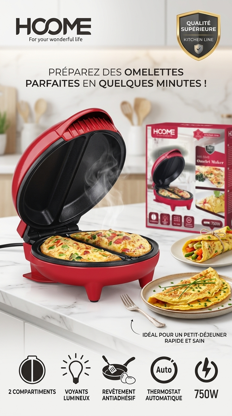 Machine à Omelette HOOME HM-5848 – 750W, 2 Compartiments, Revêtement Antiadhésif & Thermostat Automatique
