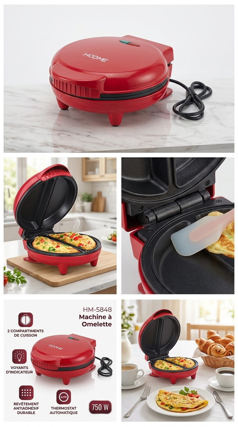Machine à Omelette HOOME HM-5848 – 750W, 2 Compartiments, Revêtement Antiadhésif & Thermostat Automatique