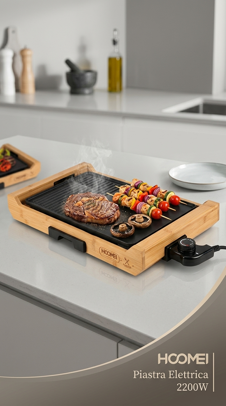 HOOMEI HM-5980 – Plancha Grill Électrique 2200W avec Plaque Antiadhésive, Thermostat Réglable et Cadre en Bambou