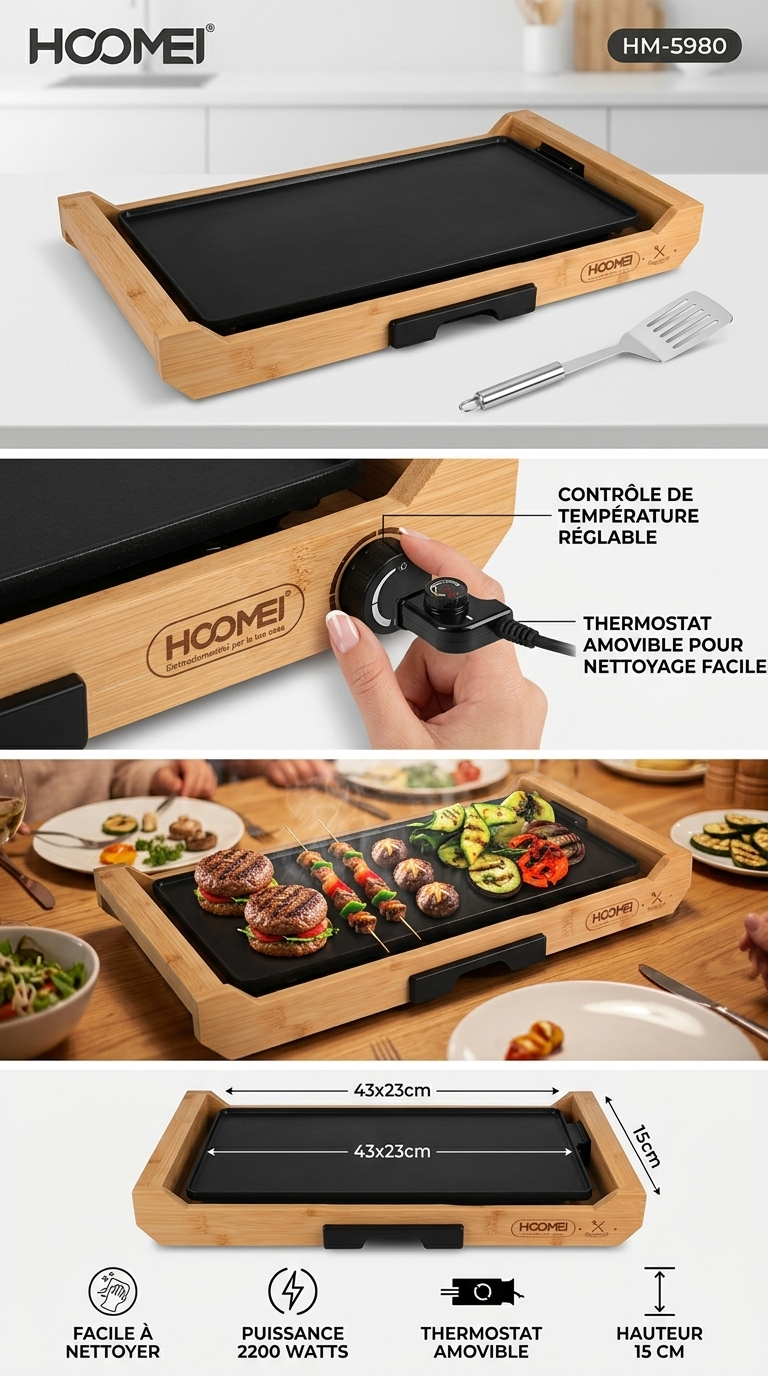HOOMEI HM-5980 – Plancha Grill Électrique 2200W avec Plaque Antiadhésive, Thermostat Réglable et Cadre en Bambou