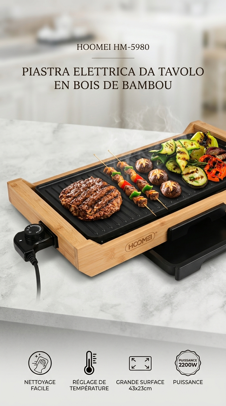 HOOMEI HM-5980 – Plancha Grill Électrique 2200W avec Plaque Antiadhésive, Thermostat Réglable et Cadre en Bambou