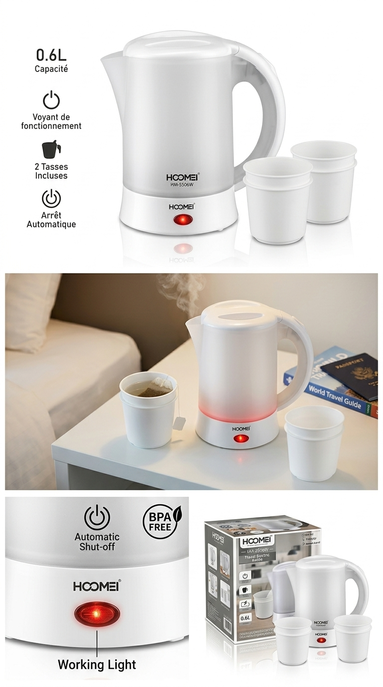 Bouilloire Électrique de Voyage HOOMEI HM-5506W – 0,6 L, Compacte & Portable, Arrêt Automatique, Voyant Lumineux, 2 Tasses Incluses