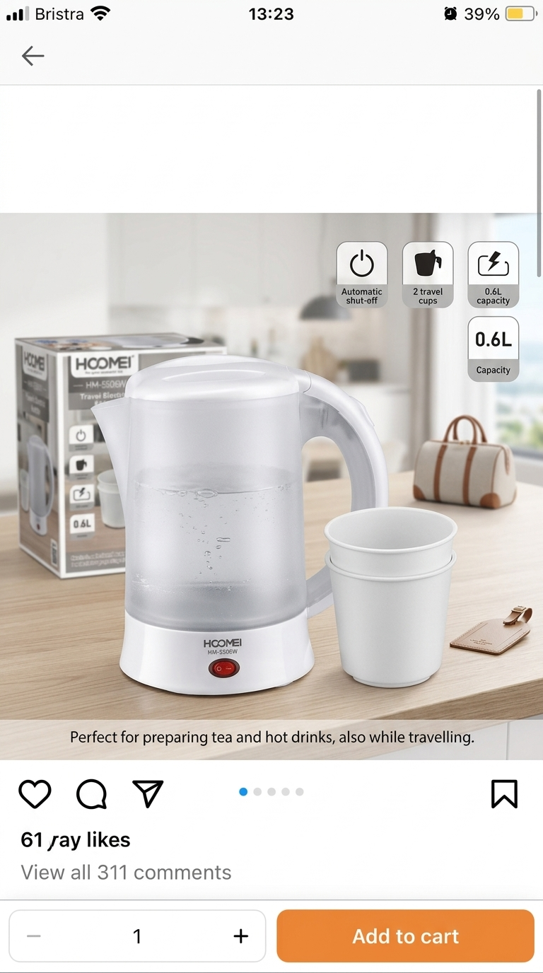 Bouilloire Électrique de Voyage HOOMEI HM-5506W – 0,6 L, Compacte & Portable, Arrêt Automatique, Voyant Lumineux, 2 Tasses Incluses
