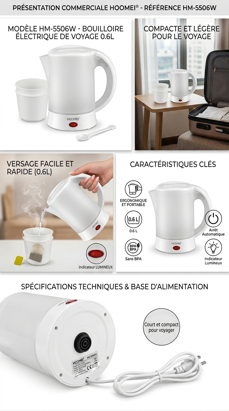 Bouilloire Électrique de Voyage HOOMEI HM-5506W – 0,6 L, Compacte & Portable, Arrêt Automatique, Voyant Lumineux, 2 Tasses Incluses