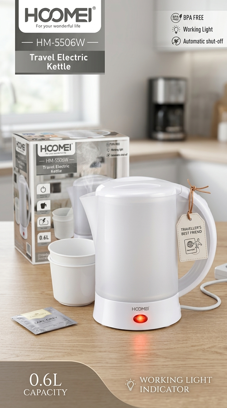 Bouilloire Électrique de Voyage HOOMEI HM-5506W – 0,6 L, Compacte & Portable, Arrêt Automatique, Voyant Lumineux, 2 Tasses Incluses