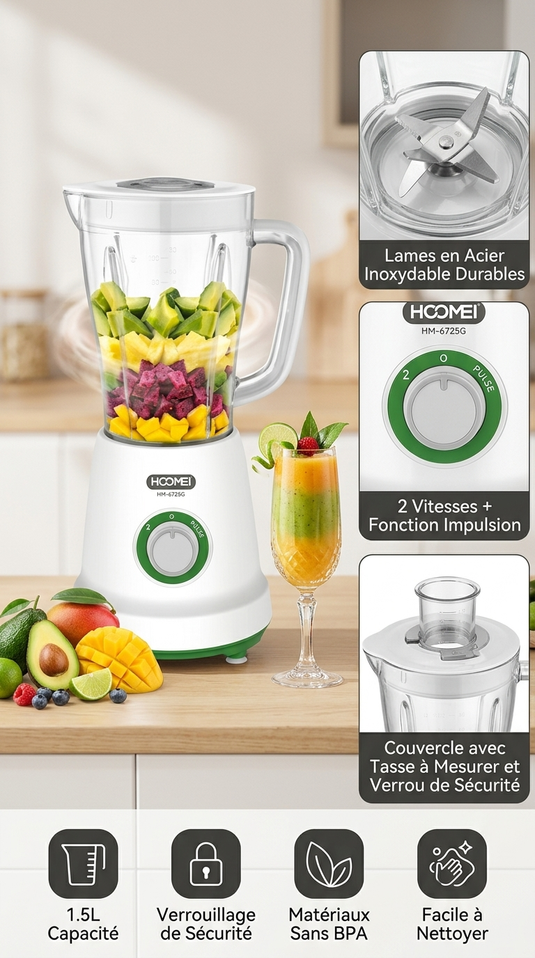Blender HOOMEI HM-6725G 1,5 L – 2 Vitesses + Pulse