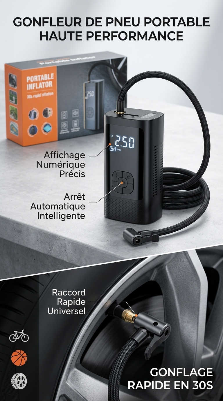 Gonfleur de Pneu Portable Sans Fil – Gonflage Rapide 30S
