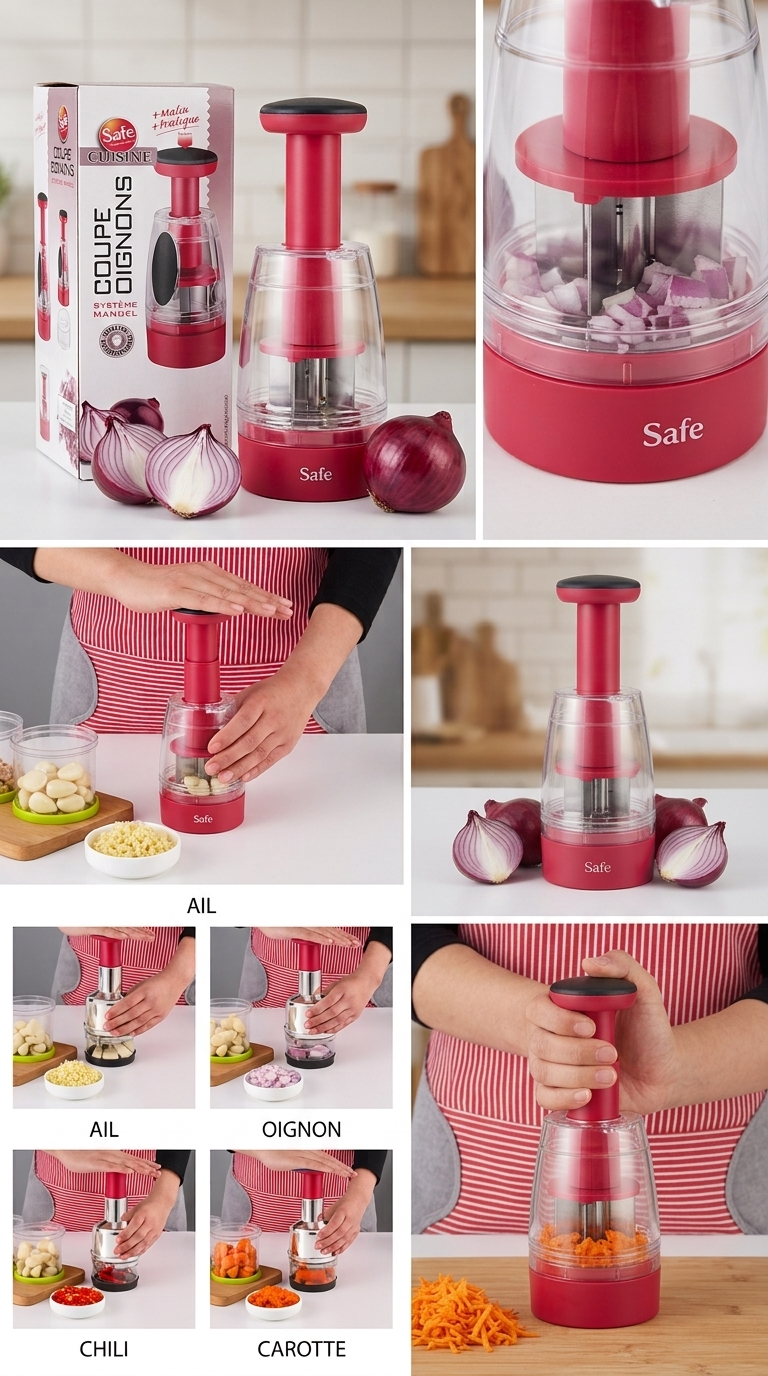 Hachoir Manuel Multifonction Safe Cuisine – Coupe-Oignons, Ail, Piment & Légumes – Système de Pression Rapide et Pratique