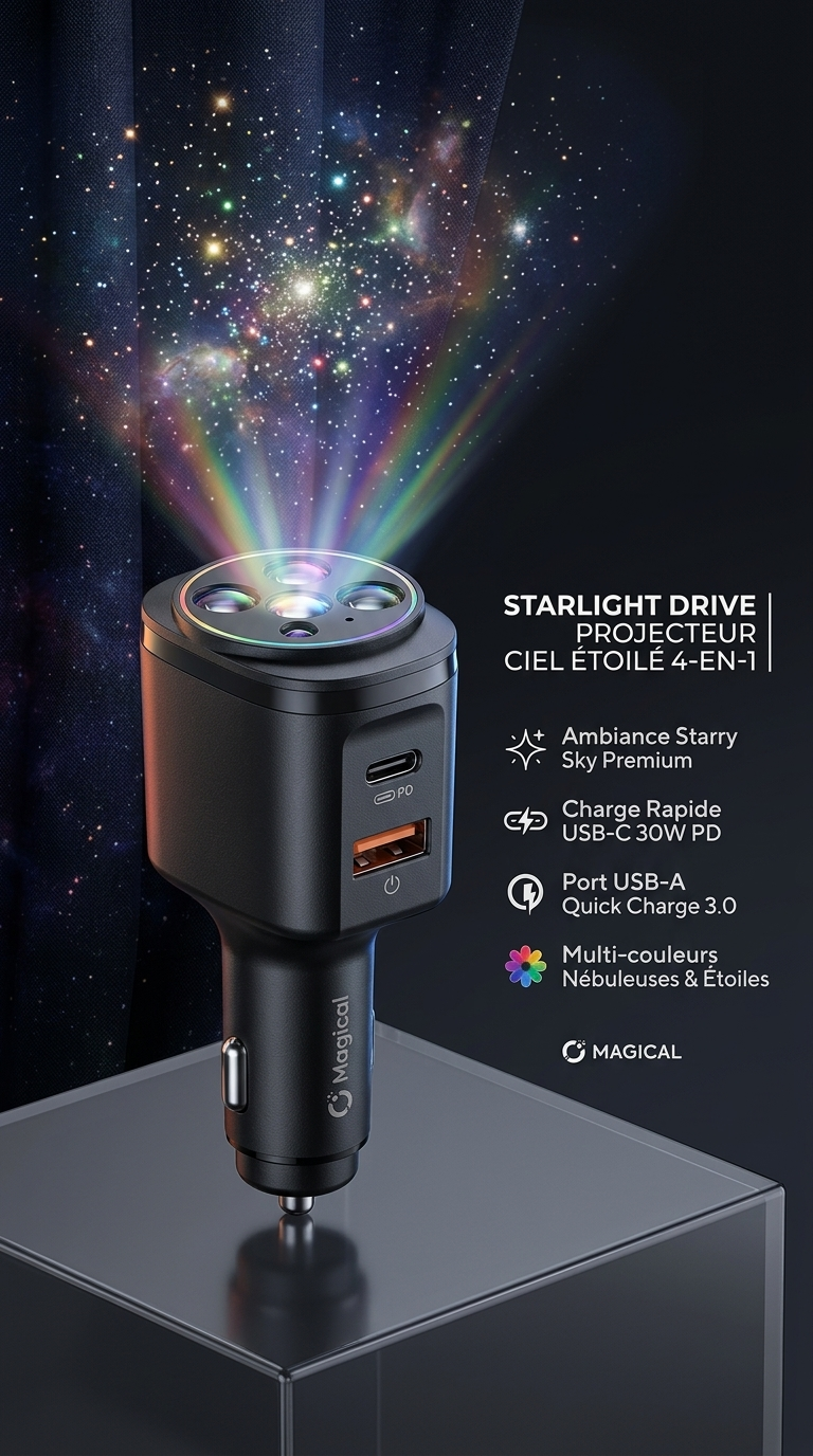 Chargeur Voiture 4-en-1 USB-C & USB-A avec Projecteur Ciel Étoilé et Télécommande – Compatible iPhone & Android
