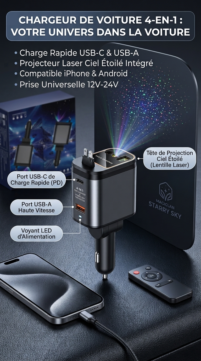 Chargeur Voiture 4-en-1 USB-C & USB-A avec Projecteur Ciel Étoilé et Télécommande – Compatible iPhone & Android