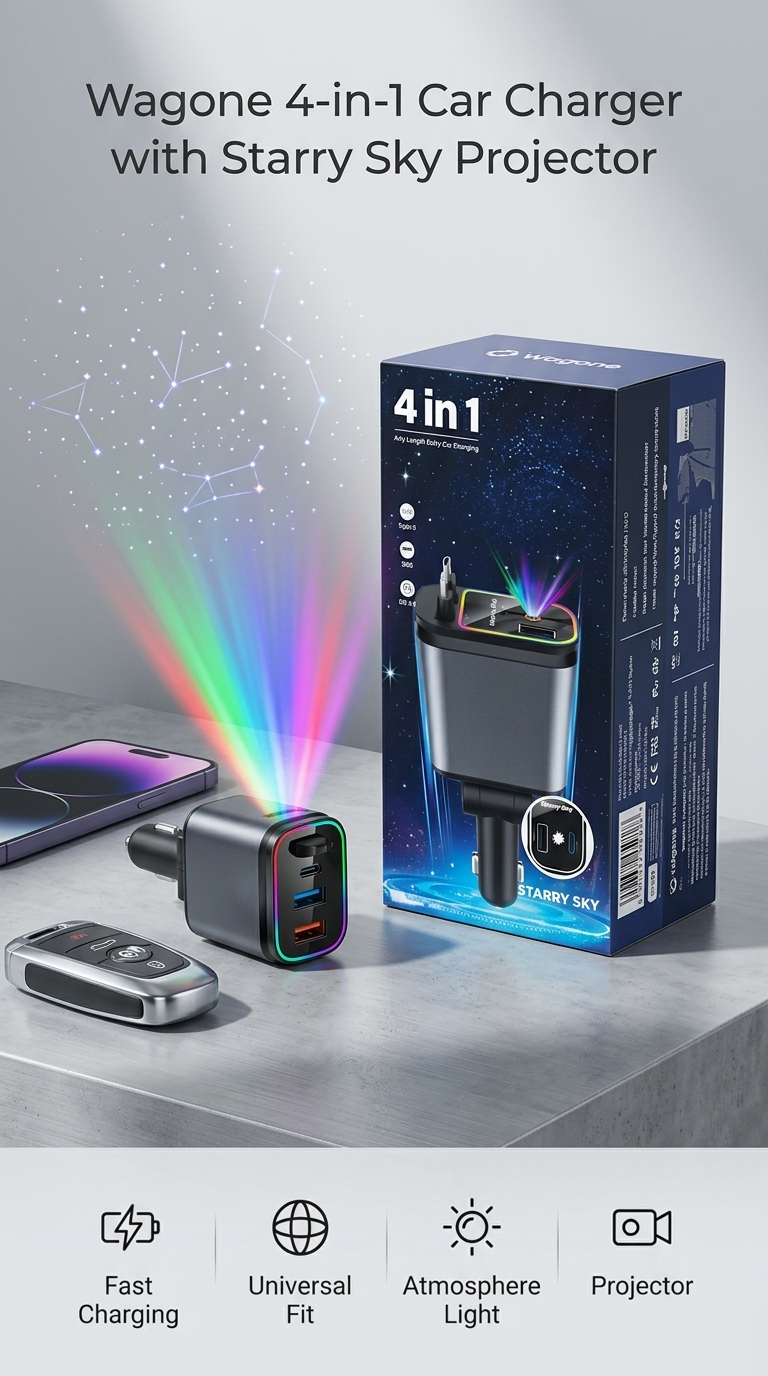 Chargeur Voiture 4-en-1 USB-C & USB-A avec Projecteur Ciel Étoilé et Télécommande – Compatible iPhone & Android