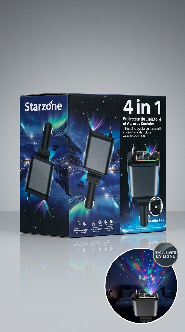 Chargeur Voiture 4-en-1 USB-C & USB-A avec Projecteur Ciel Étoilé et Télécommande – Compatible iPhone & Android
